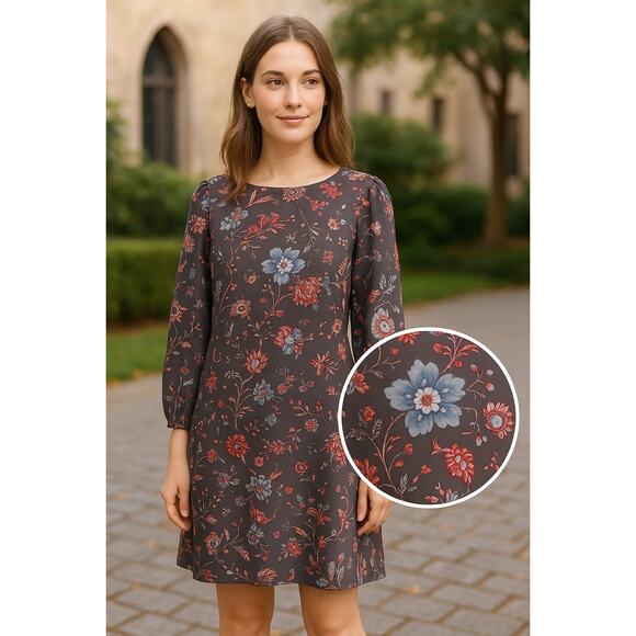 Loft Floral Shift Dress Sz 6 Long Sleeve Stretch Crepe Fall Quietlux Minimalist - Picture 2 of 9